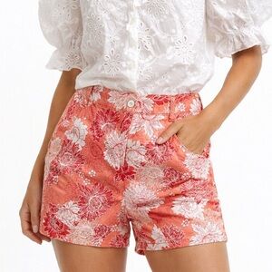 Isaac Mizrahi Mid Rise Shorts Tailored Dressy Summer Floral Coral Pink White 10